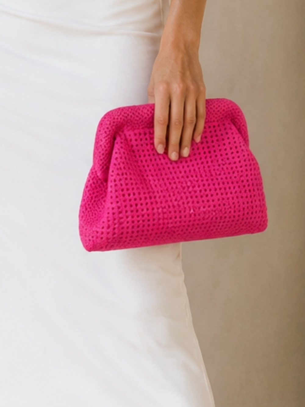 Hot Pink Crochet Knit Frame Clutch Bag NWOT